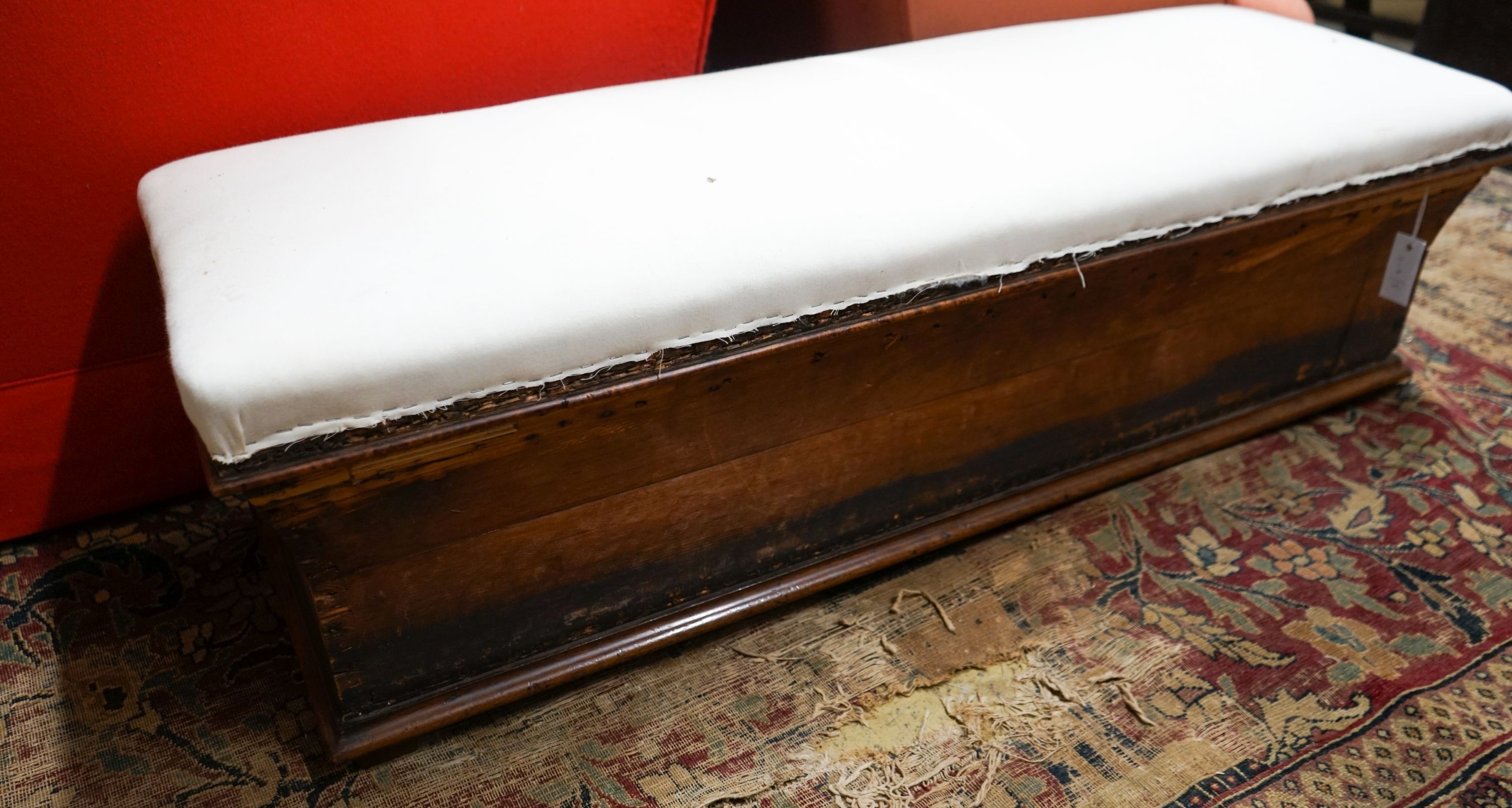 A Victorian pine and mahogany part-upholstered ottoman, length 120cm, depth 40cm, height 36cm